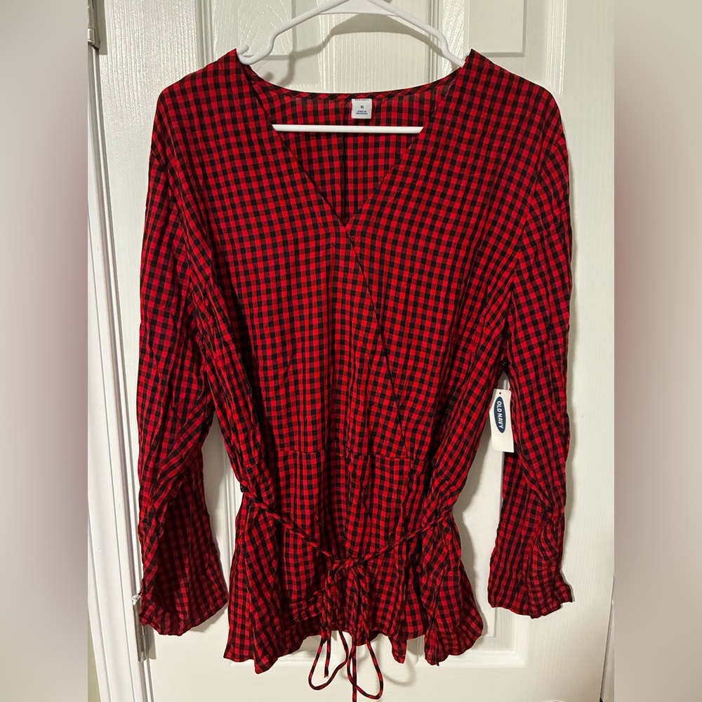 Ladies Red and Black Plaid Wrap Top